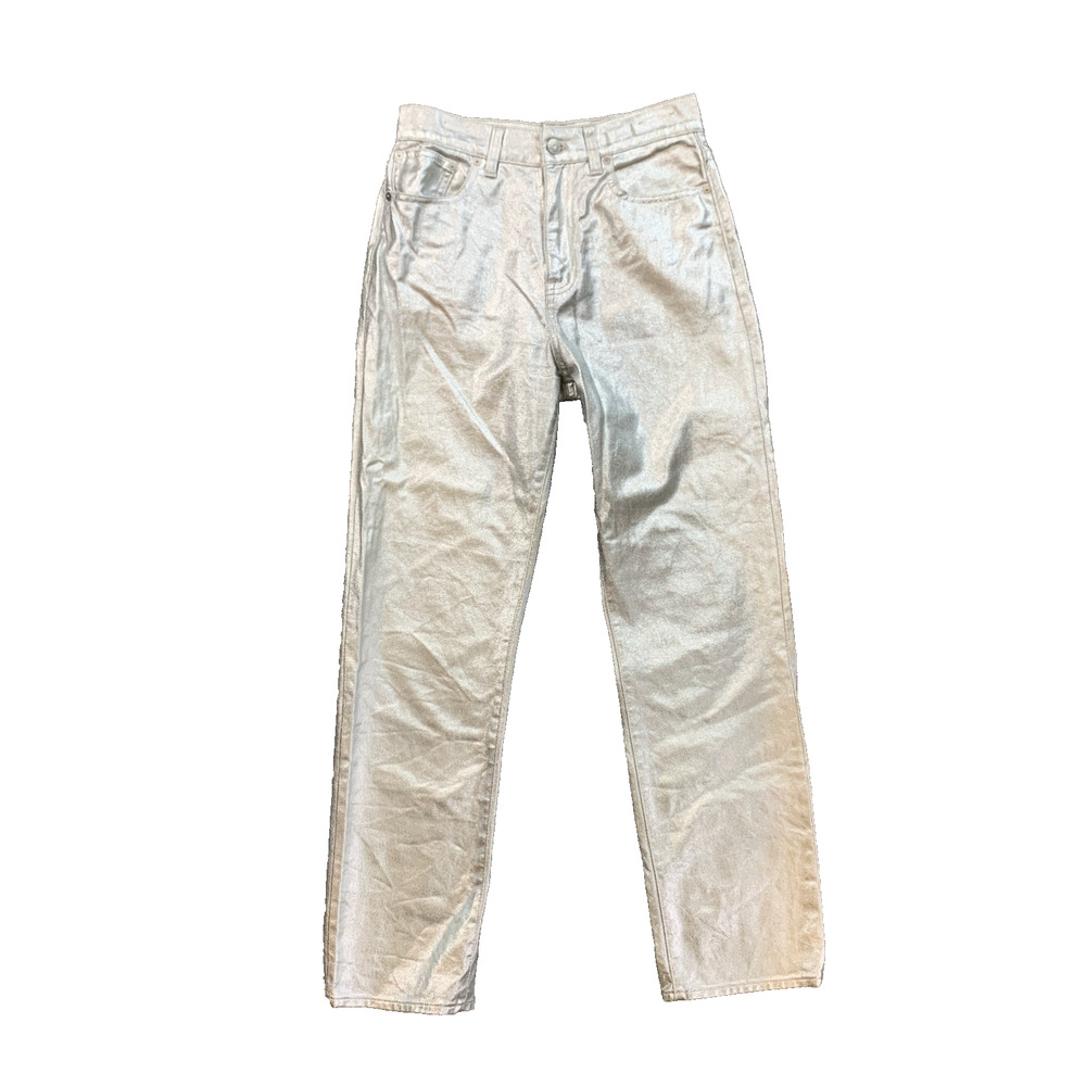 Madewell Jeans Womens 27 Silver Foil 90s Straight Leg Coated High Rise Zip Fly